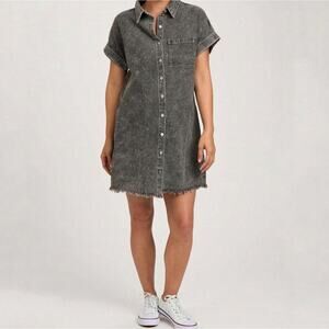 BluIvy Women's Freya Gray Button Front Denim Shirt Shift Dress Raw Hem Size M